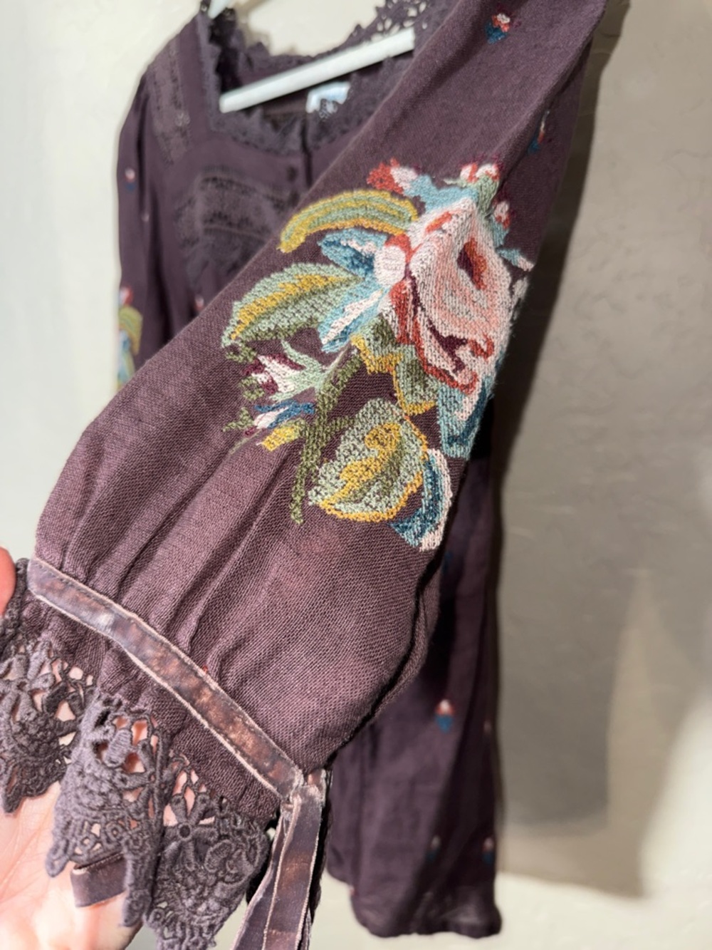 Sundance embroidered floral lace detail square neck blouse linen cotton blend XL - Picture 4 of 8